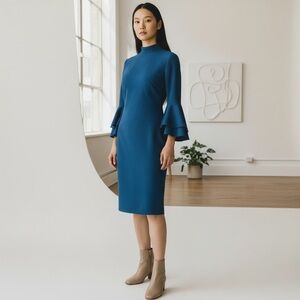 EUC - Eliza J - Crepe Midi Dress Flutter Bell Sleeves Mock Neck - Teal - size 8